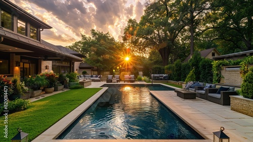 A rectangular pool sits in a backyard surrounded by a stone patio, trees, and lounge chairs. The sun is setting behind the house.