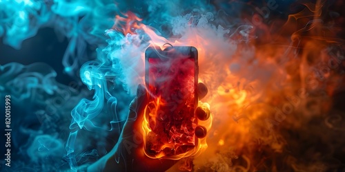 The Risks of Holding a Smoking Smartphone: Fire Hazard, Electrical Overload, and Device Breakdown. Concept Fire Safety, Electronic Devices, Risk Factors