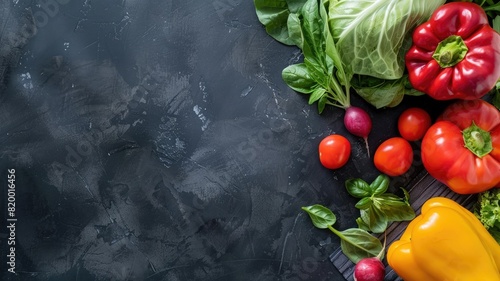 Assorted fresh vegetables on dark textured background with copy space