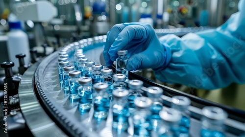A skilled lab technician plays a crucial role in maintaining the sterility and precision of vaccine vials on the pharmaceutical production line, essential for healthcare manufacturing operations