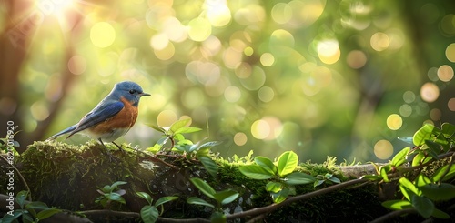 A beautiful bluebird with its wings spread gracefully perched on the edge of a moss-covered branch in an enchanted forest glade