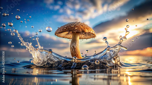 Detailed shot of a mushroom dropping into water, creating a splash, with the sky visible in the background 