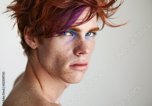 Portrait of a red-haired androgynous man with make-up