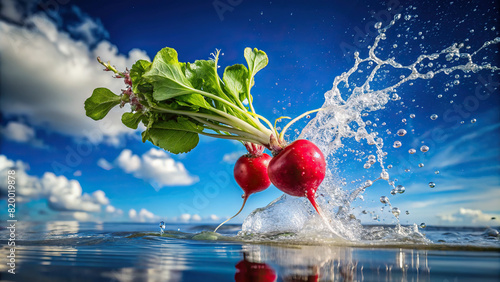 Macro shot of a radish being dropped into water, creating a vibrant splash, with the sky visible in the background 