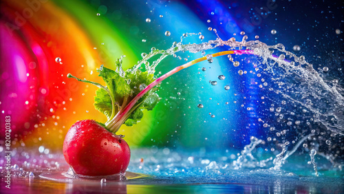 A close-up photo of a radish being sprayed with water, producing a captivating splash against a vibrant rainbow background.