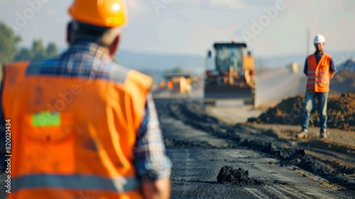 Road construction workers wearing hard hats and reflective vests at a road construction site with a bulldozer in the background