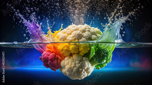 A cauliflower floret plunging into water, generating a striking splash against a background of vibrant rainbow hues.