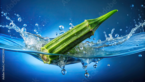 A vibrant green okra pod dropped into water, producing a splash against a calming blue background, highlighting its freshness and crispness