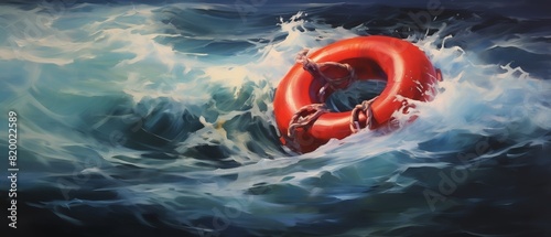 A vibrant red lifebuoy floats on tumultuous, wavy sea waters, indicating a potential rescue situation.