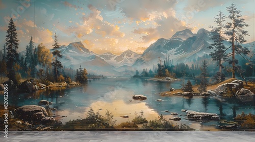 A large-scale mural depicting a serene natural landscape, bringing the beauty of the outdoors into the room on the solid background