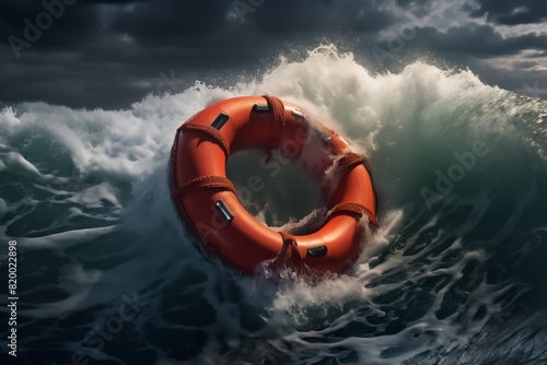 An orange life ring floats amidst turbulent waves under a stormy, cloudy sky, symbolizing survival and hope in rough seas.