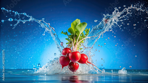 A radish dropped into water, producing a lively splash with water droplets against a calming blue background, highlighting its crisp texture