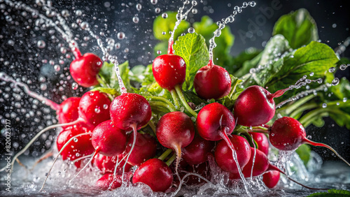 Dynamic shot of water splashing onto a bunch of vibrant red radishes, capturing the freshness and crispness of these healthy vegetables