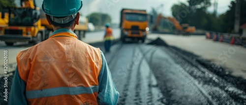 The road is being paved by a large machine while two workers in orange vests look on.