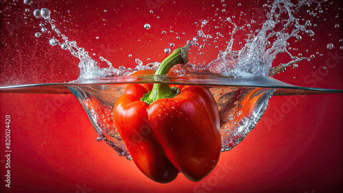 A macro shot of a bell pepper being submerged in water, creating a dynamic splash against a bold red backdrop, highlighting its freshness and crispness