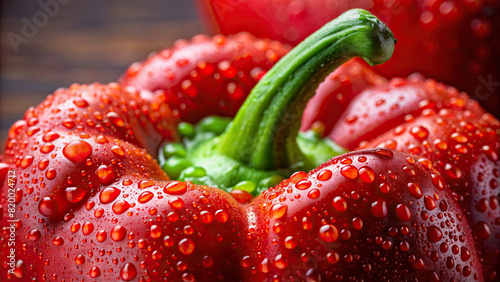 A close-up shot of water droplets trickling down the surface of a freshly washed red bell pepper, highlighting its crispness and natural shine