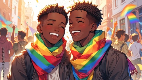 Two gay boys wearing rainbow pride style scarf, smiling joyfully, pride celebration, Anime style illustration, anime background, manga, vibrant, cartoon vector art