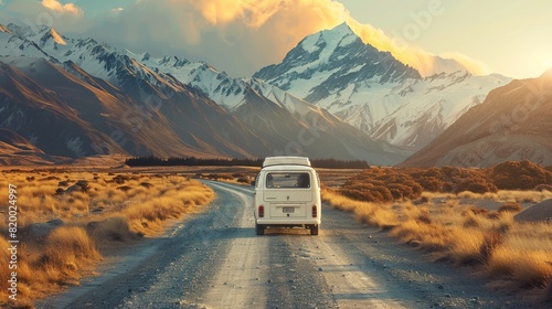A van is driving along the road in mountains, golden hour, photo realistic, hyper detailed