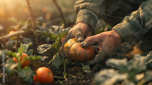 Harvesting organic vegetables, farmers hands, earthy tones, midmorning sunlight, macro shot, natural textures, authentic farm life