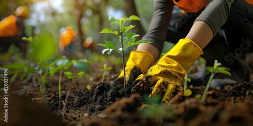 Promoting Sustainability and Protecting Ecosystems: Volunteers Planting Trees to Save the Environment. Concept Tree Planting, Environmental Conservation, Sustainability Initiatives