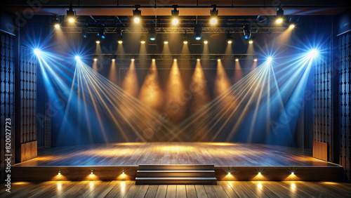 An empty theater stage with spotlights, offering a dramatic setting for performances or event promotions