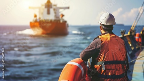 Worker in safety gear watching cargo ship at sea