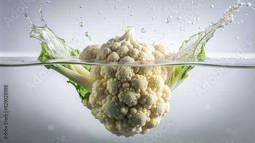 A close-up shot of a cauliflower piece plunging into water, producing a captivating splash against a plain white backdrop