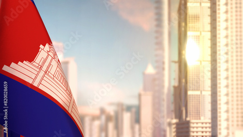 flag of Cambodia on city skyscrapers buildings vanilla sunrise bg for state holiday - abstract 3D rendering