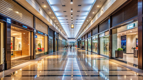 An empty shopping mall corridor with illuminated store signs, perfect for retail marketing or advertising campaigns