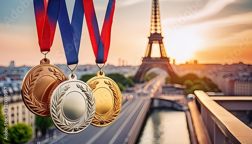 medals against the backdrop of Paris with the Eiffel Tower in a blurred background