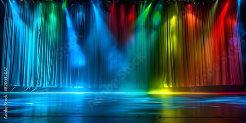 Illuminated Stage with Colorful Backdrops: An Empty Opera Scene. Concept Theater Lighting, Vibrant Stage, Dramatic Backgrounds, Opera Setting, Colorful Illumination