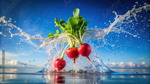 Macro shot of a radish being dropped into water, creating a vibrant splash, with the sky visible in the background 