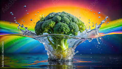 Close-up of a broccoli floret dropping into water, creating an energetic splash against a rainbow-colored background.