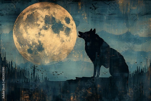 Digital artwork of image of a wooden wolf silhouette howling at the moon