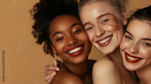 Beauty diversity and portrait of women happy with makeup for cosmetic skincare isolated in studio brown background Skin aesthetic and young friends together for self care dermatology a : Generative AI