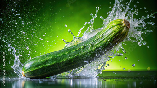 A detailed close-up of a zucchini covered in water droplets, with splashes frozen in motion against a vivid green backdrop