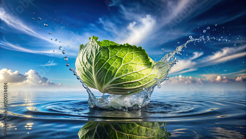 A close-up view of a cabbage leaf being dropped into water, causing a splash, with the serene sky in the background 