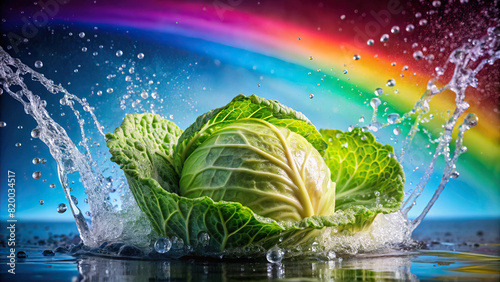 Close-up capture of a water splash hitting a heap of cabbage leaves, with a rainbow background creating a visually stunning contrast.