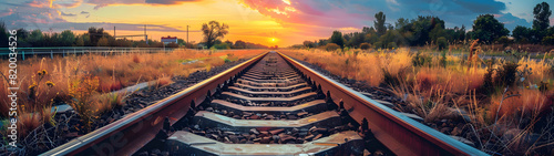 Railway tracks gently curve through a serene countryside landscape at sunset with vibrant colors