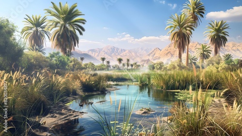 Desert oasis, date palms and diverse wildlife, crystalclear spring, midmorning light, wideangle shot, serene and vibrant