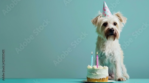 Happy cute scruffy dog celebrating with birthday cake and party hat blue background with copy space to side : Generative AI