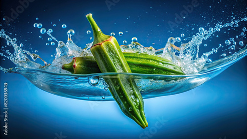 A vibrant green okra pod dropped into water, producing a splash against a calming blue background, highlighting its freshness and crispness