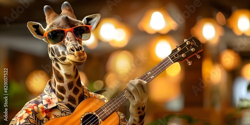 Whimsical giraffe in sunglasses and Hawaiian shirt playing ukulele in a playful and comical manner. Concept Whimsical Giraffe, Sunglasses, Hawaiian Shirt, Ukulele, Playful Comedy
