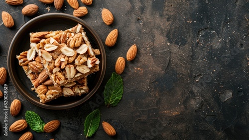 Bowl of almond brittles surrounded by scattered almonds and mint leaves on dark textured background