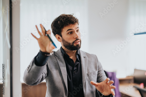 A confident businessman uses hand gestures to discuss growth strategies during a business meeting in a modern office, standing by a glass wall.