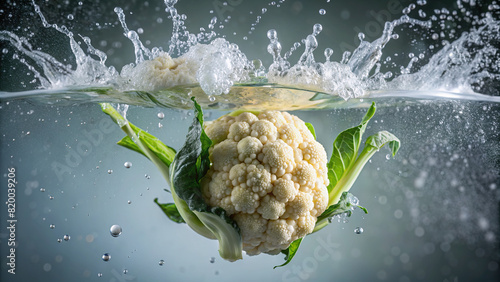 An overhead view of a cauliflower floret being dropped into water, creating a beautiful splash with droplets frozen in motion