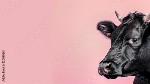 Black cow head on pink background looking to side
