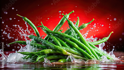 Close-up of water splashing onto a bunch of fresh green beans, with a red background adding a pop of color to the image, showcasing their crispness and vitality