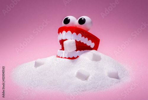 Toy dentures on a pile of sugar with a piece of sugar between the teeth