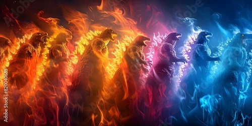 Row of colorful monster images resembling comic or game characters including Godzilla. Concept Monster Mashup, Comic Characters, Godzilla Tribute, Colorful Illustration, Game Characters